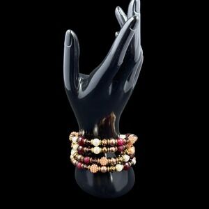 Burgundy Bronze Cream Multi Bead‎ Coil Wrap Bracelet Boho Faux Pearl Glass SZ 8
